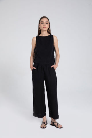 Raw Linen Palazzo Trousers - Black / S/M - Trousers