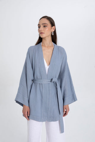 Pure Linen Short Kimono - Ice Blue / Standard - Kimono