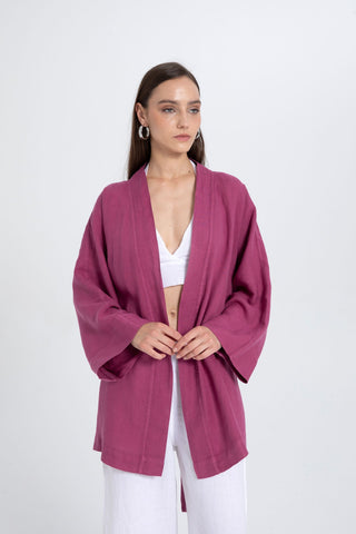 Pure Linen Short Kimono - Purple / Standard - Kimono