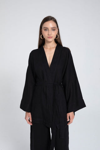Pure Linen Short Kimono - Black / Standard - Kimono
