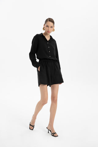 Pure Linen Side Slit Shorts - Black / S/M - Short
