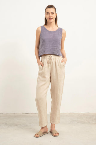 Raw Linen Carrot Cut Trousers - Beige / S/M - Trousers