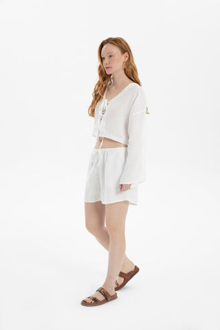 Pure Hemp Long Sleeve Lace-Up Blouse