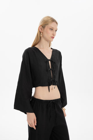 Pure Hemp Long Sleeve Lace-Up Blouse