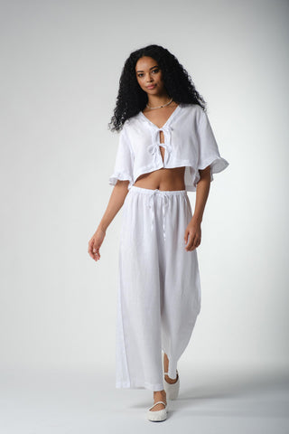 Pure Hemp Ruffle Sleeve Lace-Up Blouse