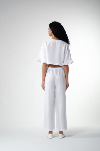 Pure Hemp Ruffle Sleeve Lace-Up Blouse