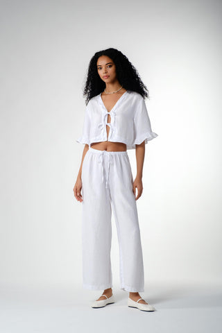 Pure Hemp Ruffle Sleeve Lace-Up Blouse