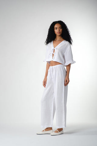 Pure Hemp Ruffle Sleeve Lace-Up Blouse