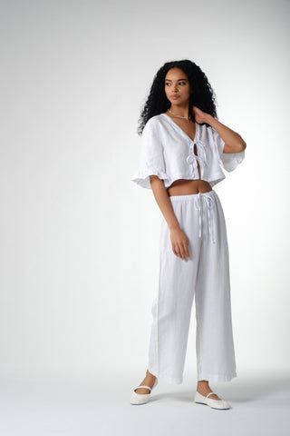 Pure Hemp Ruffle Sleeve Lace-Up Blouse