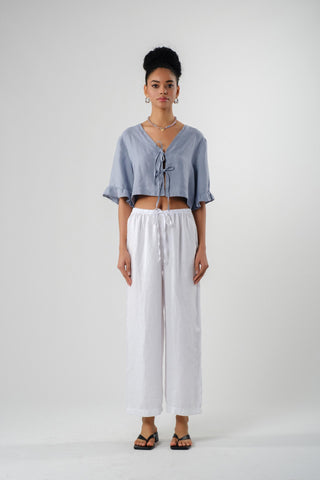 Pure Hemp Ruffle Sleeve Lace-Up Blouse