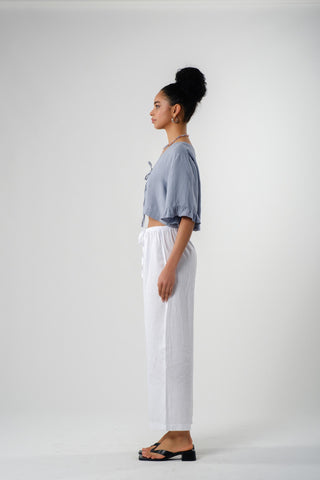 Pure Hemp Ruffle Sleeve Lace-Up Blouse