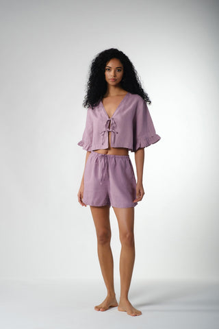 Pure Hemp Ruffle Sleeve Lace-Up Blouse