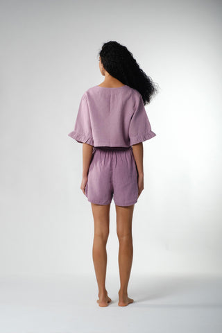 Pure Hemp Ruffle Sleeve Lace-Up Blouse