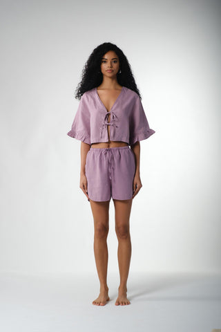 Pure Hemp Ruffle Sleeve Lace-Up Blouse