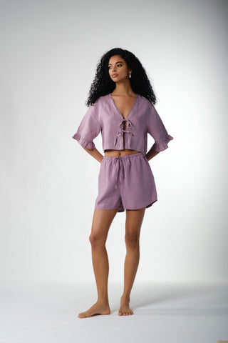 Pure Hemp Ruffle Sleeve Lace-Up Blouse