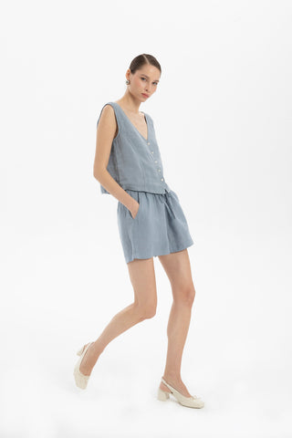 Pure Linen High Waist Pocket Shorts - Ice Blue / S/M - Short