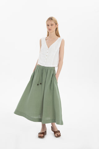 Linen Long Flared Skirt - Moss Green / Standard - Skirt