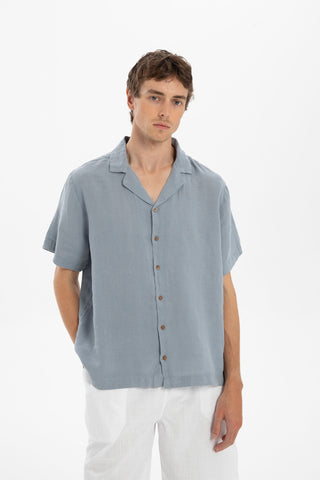 Linen Blazer Collar Short Sleeve Men Shirt