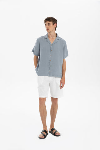 Linen Blazer Collar Short Sleeve Men Shirt