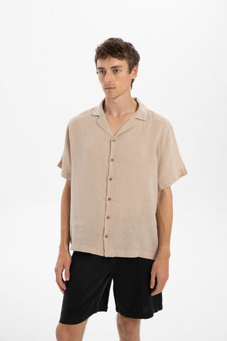 Linen Blazer Collar Short Sleeve Men Shirt