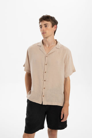 Linen Blazer Collar Short Sleeve Men Shirt