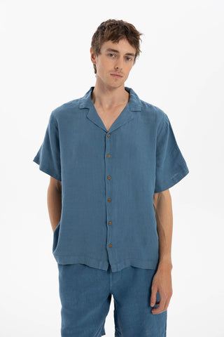 Linen Blazer Collar Short Sleeve Men Shirt