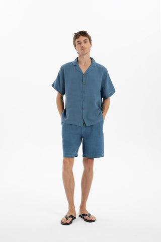 Linen Blazer Collar Short Sleeve Men Shirt