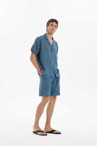 Linen Blazer Collar Short Sleeve Men Shirt