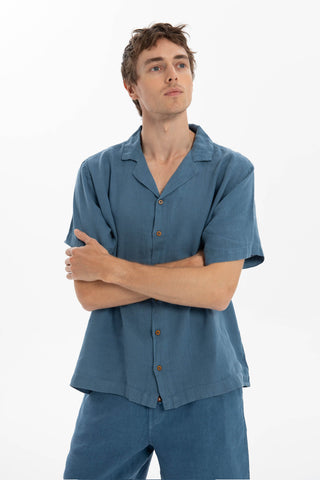 Linen Blazer Collar Short Sleeve Men Shirt