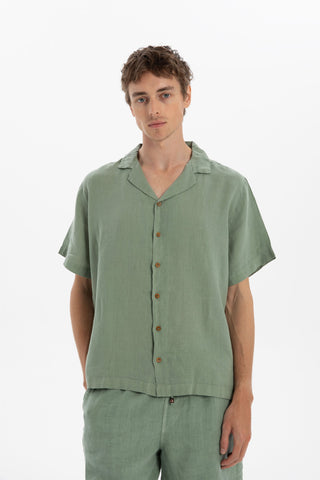 Linen Blazer Collar Short Sleeve Men Shirt