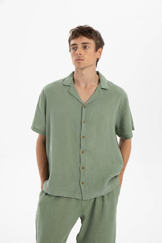 Linen Blazer Collar Short Sleeve Men Shirt