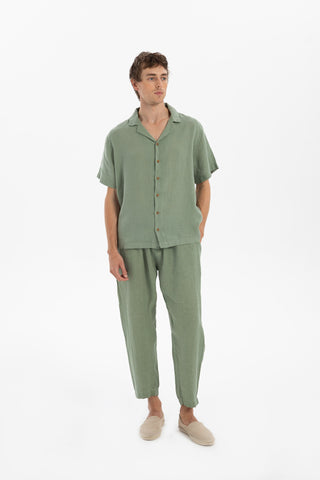 Linen Blazer Collar Short Sleeve Men Shirt