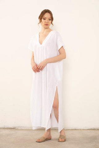 Patterned Woven Maxi Kaftan Dress - White / Standard - Dress